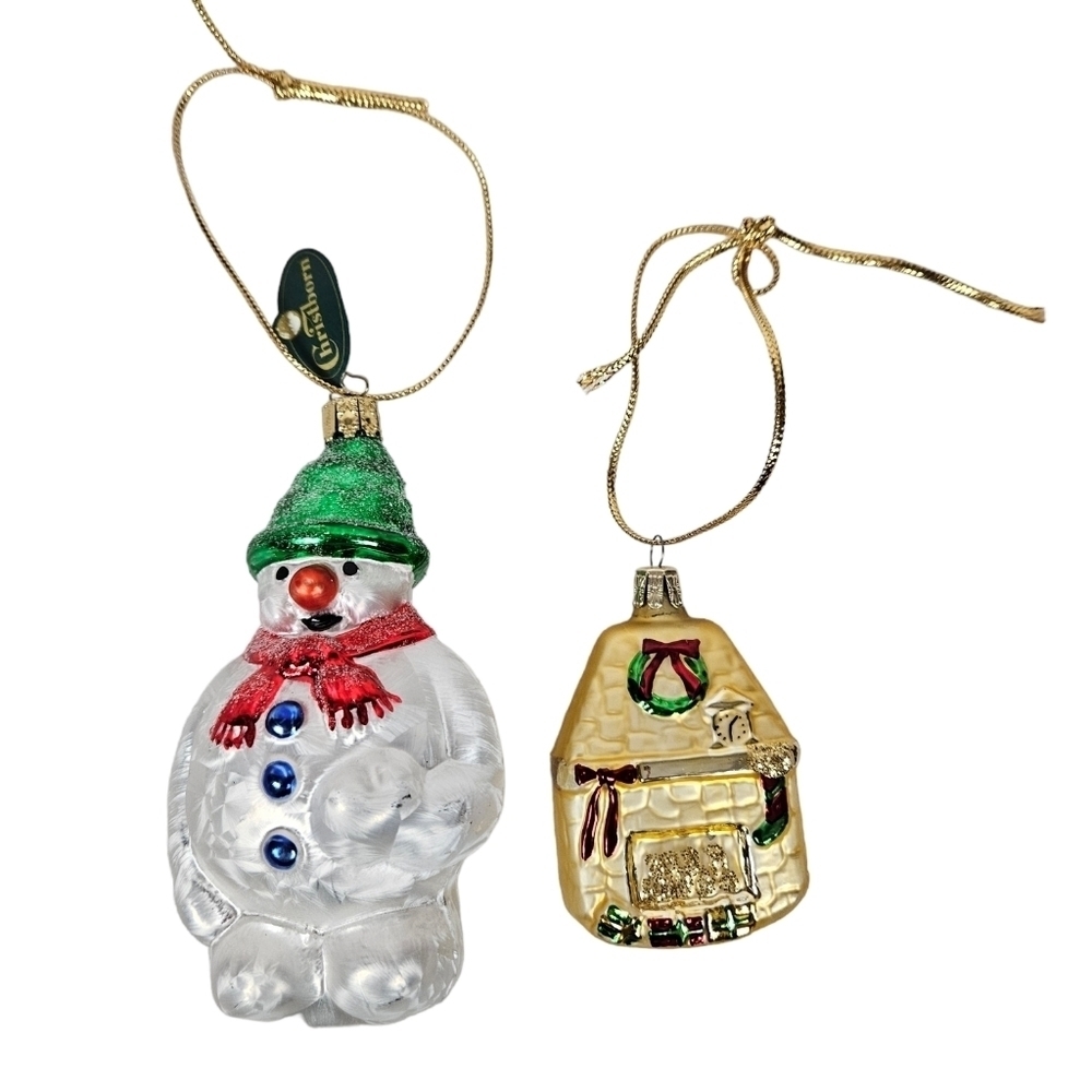 Christborn Blown Glass Snowman & Fireplace Christmas Tree Ornament Set of‎ 2
